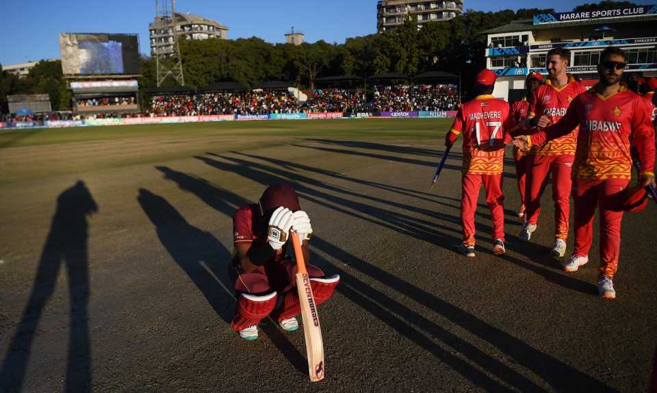 Akeal Hosein cuts a dejected figure after West Indies fell short, Zimbabwe vs West Indies, ICC World Cup Qualifier, Harare, June 24, 2023