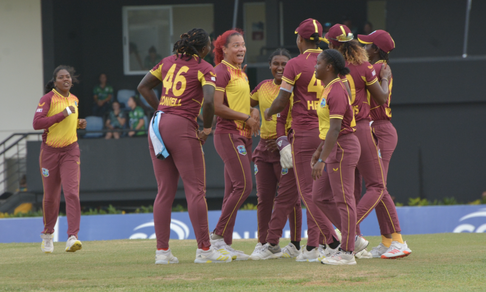 Cherry-Ann Fraser (second from left) is congratulated by her team-mates, West Indies vs Ireland, 1st women's T20I, Gros Islet, July 4, 2023