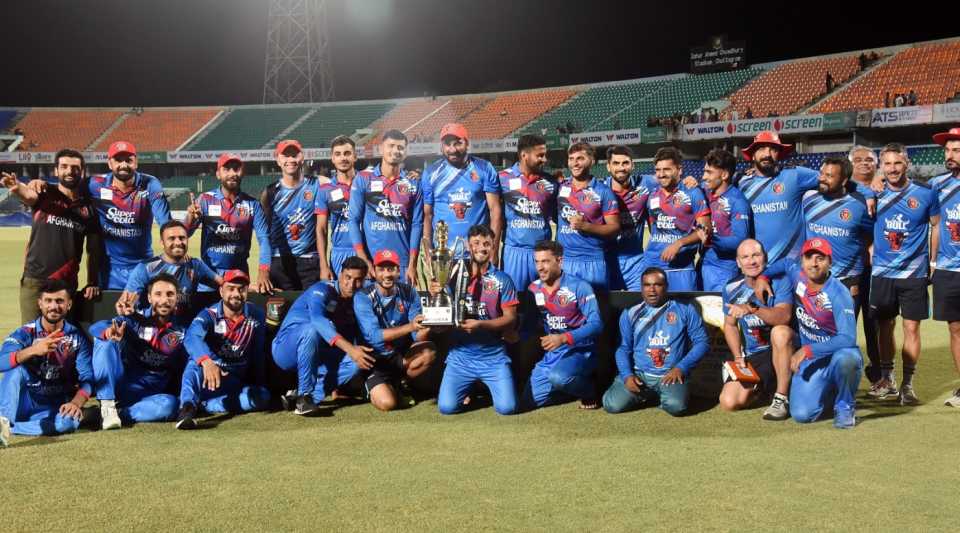 The Afghanistan team with the ODI series trophy in Bangladesh, Bangladesh vs Afghanistan, 3rd ODI, Chattogram, July 11, 2023
