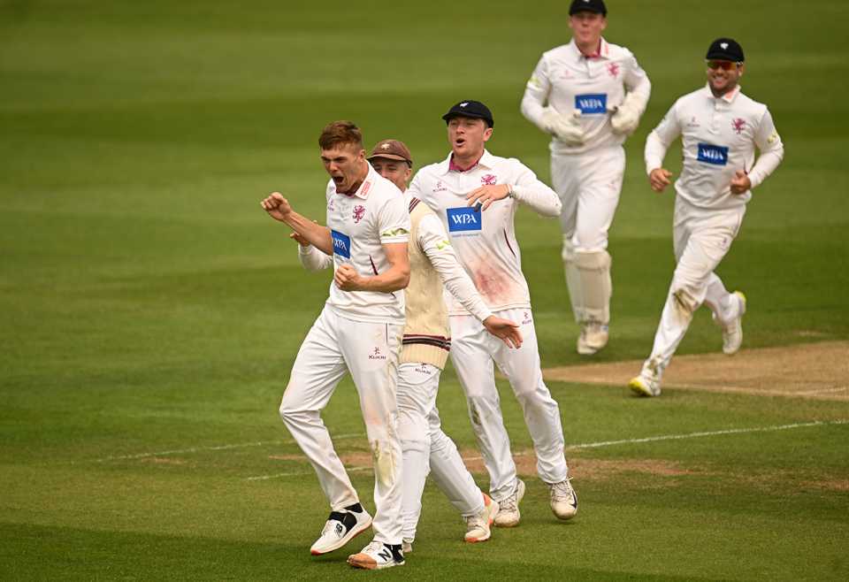 Kasey Aldridge celebrates a wicket, LV= Insurance County Championship Division 1, Somerset vs Hampshire, Taunton, July 13, 2023