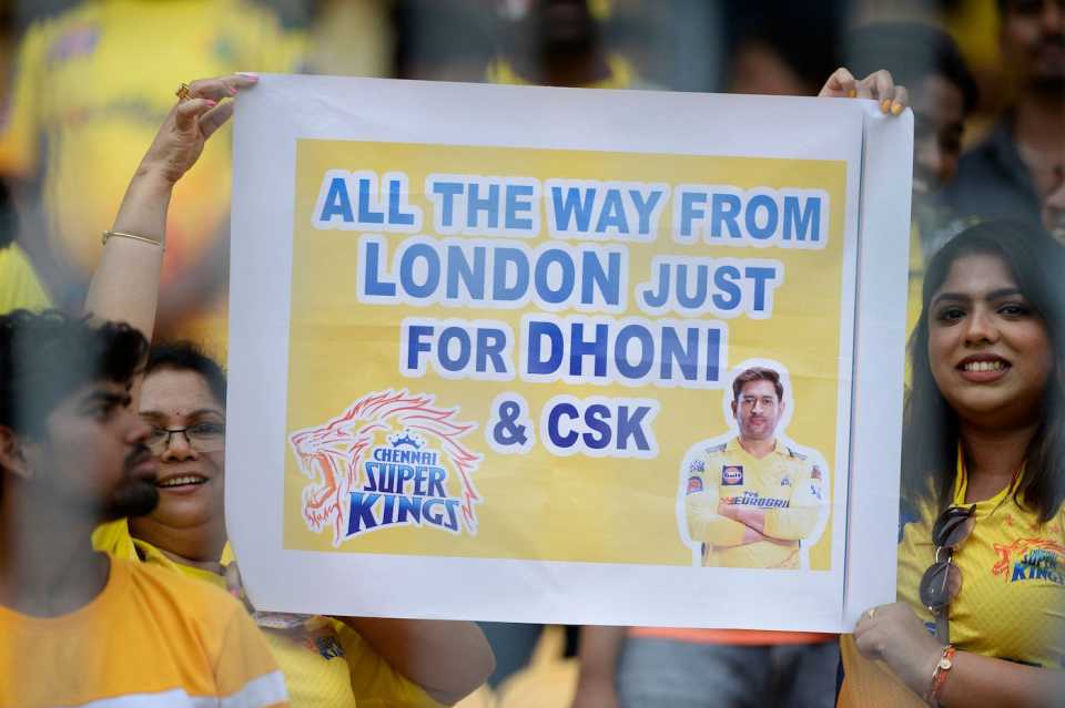 Fans hold up a placard during the match, Chennai Super Kings vs Mumbai Indians, IPL 2023, Chennai, May 6, 2023