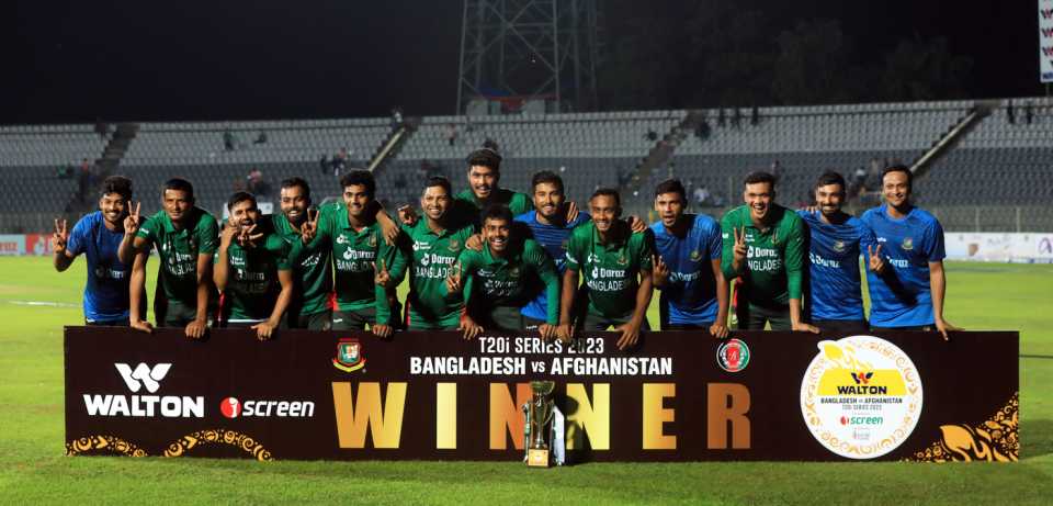 Bangladesh with their spoils after wrapping up the series 2-0, Bangladesh vs Afghanistan, 2nd T20I, Sylhet, July 16, 2023