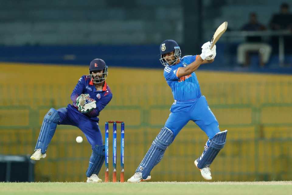 Dhruv Jurel slams the ball away, India A vs Nepal A, ACC Men's Emerging Cup 2023, Colombo (RPS), July 17, 2023