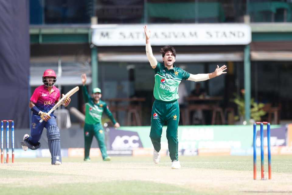 Mohammad Wasim appeals unsuccessfully for a wicket, Pakistan A vs UAE A, ACC Men's Emerging Cup 2023, Colombo (PSS), July 17, 2023
