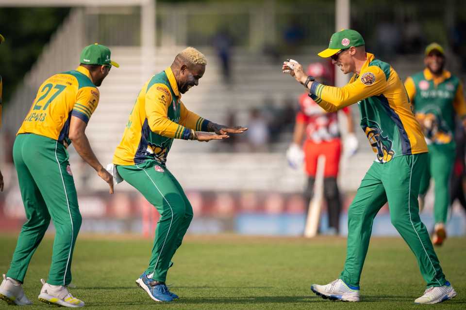 Fabian Allen does his jig after a wicket, Vancouver Knights vs Montreal Tigers, Global T20 Canada, Brampton, July 25, 2023