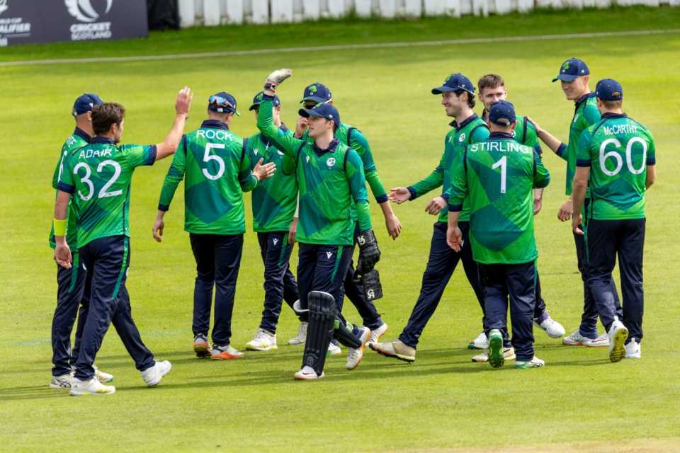 Ireland celebrate a wicket in their match against Jersey, Ireland vs Jersey, Men's T20 World Cup Europe Region Qualifier, Edinburgh, July 24, 2023