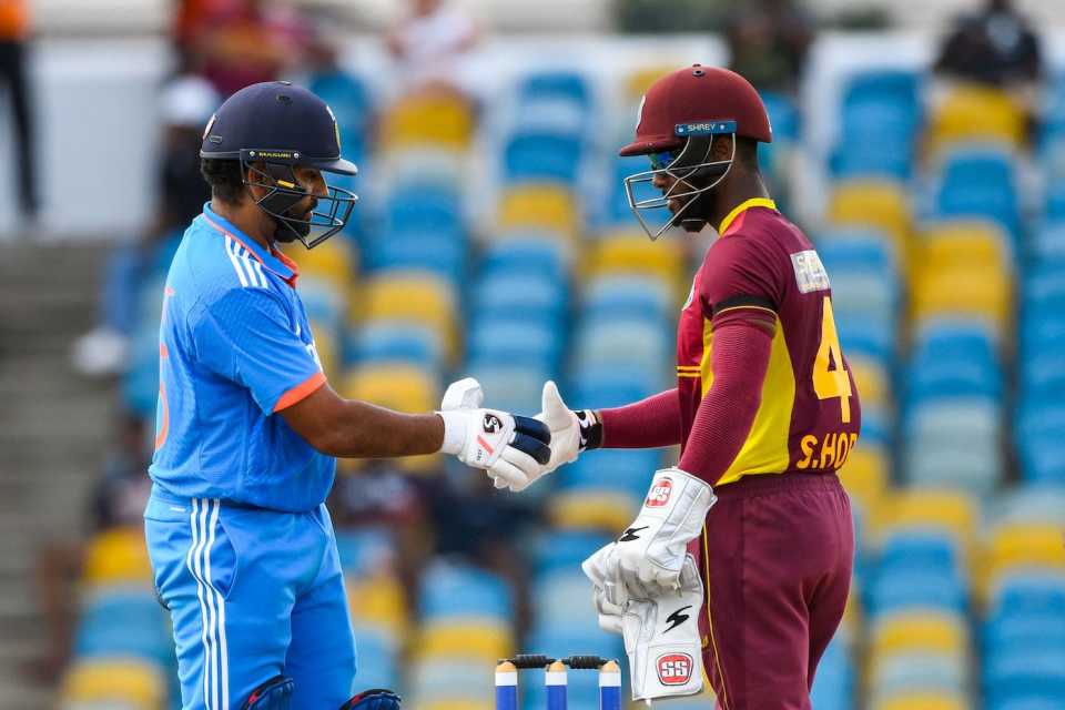 Rohit Sharma and Shai Hope shake hands at the end of the game, West Indies vs India, 1st ODI, Bridgetown, July 27, 2023