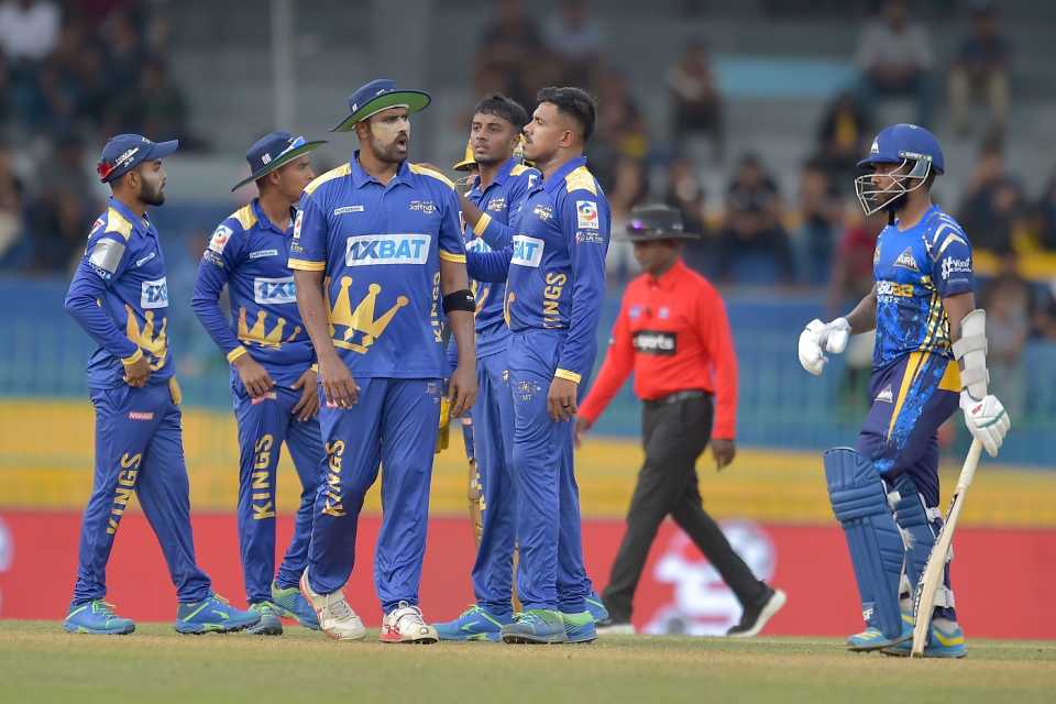 Jaffna Kings fielders celebrate the fall of a wicket