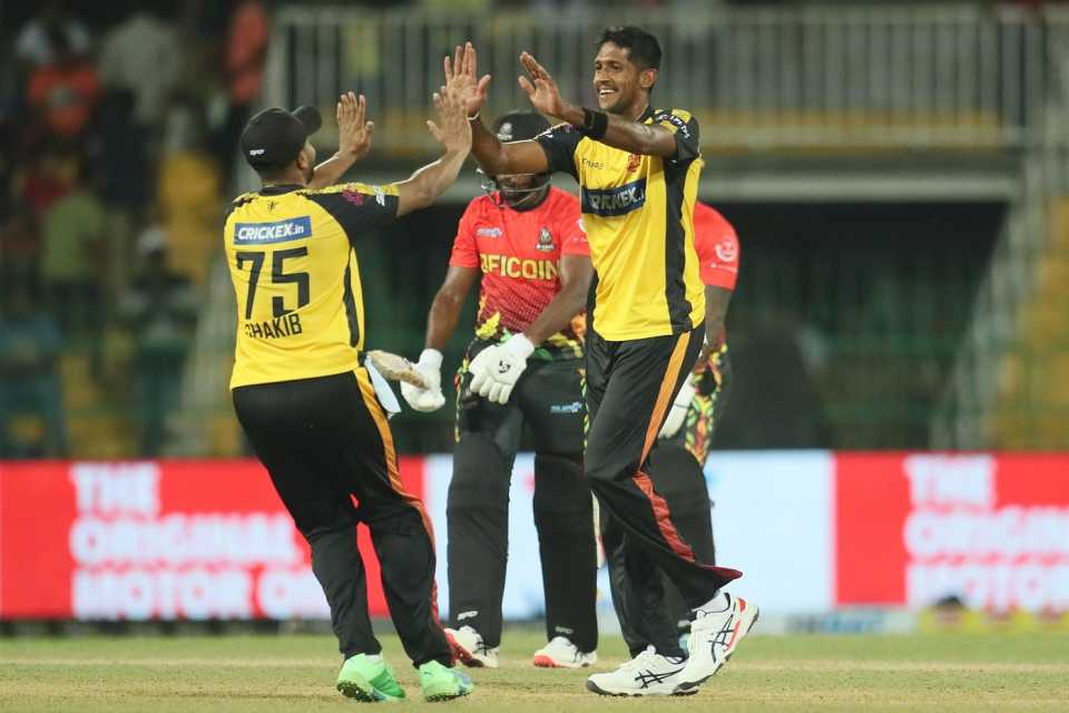 Kasun Rajitha celebrates a wicket with Shakib Al Hasan, B-Love Kandy vs Galle Titans, LPL 2023, Colombo, August 1, 2023
