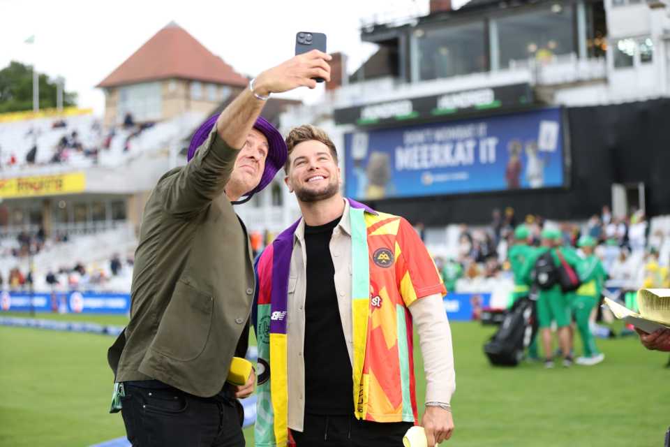 Michael Vaughan takes a selfie with BBC presenter Chris Hughes, Trent Rockets vs Southern Brave, Women's Hundred, Nottingham, August 1, 2023