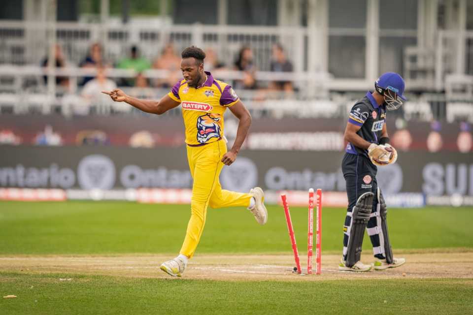 Matthew Forde wheels away after taking a wicket, Mississauga Panthers vs Surrey Jaguars, Global T20 Canada, Brampton, August 2, 2023