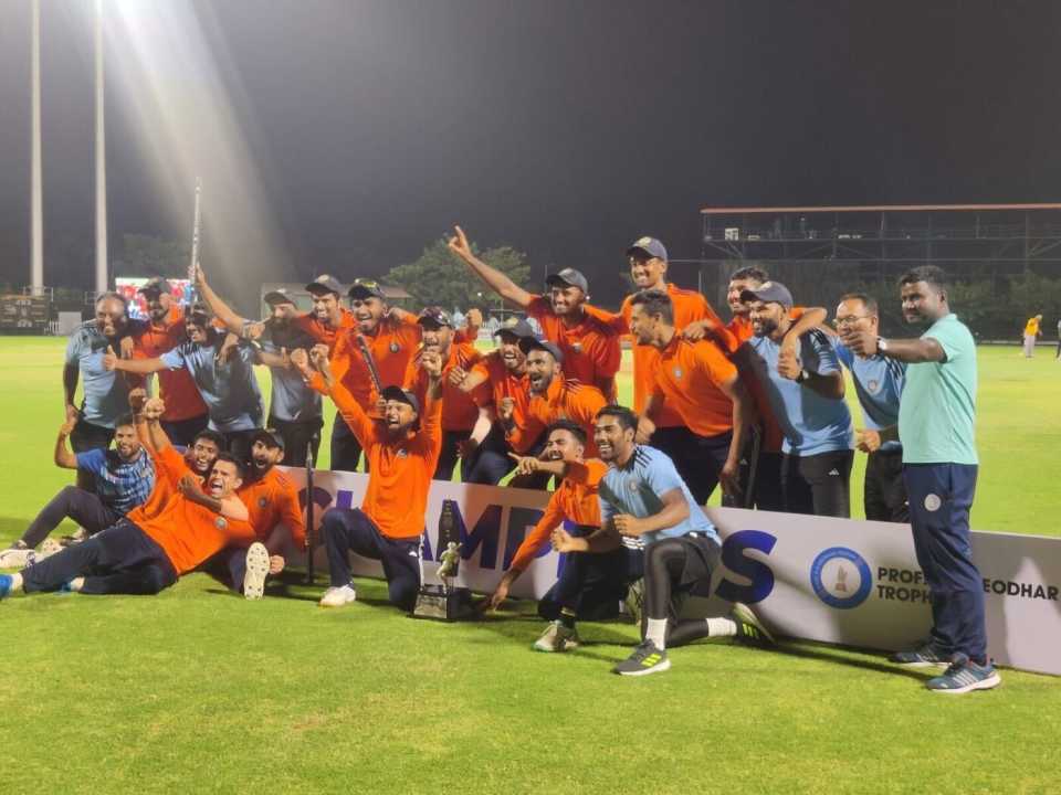 South Zone celebrate with their spoils, having beaten East Zone by 45 runs, Deodhar Trophy, final, Puducherry, August 3, 2023