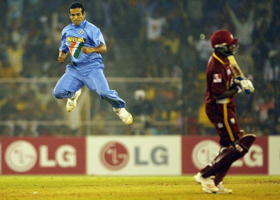 Irfan Pathan celebrates the wicket of Brian Lara, India v West Indies, 9th match, Champions Trophy, Ahmedabad, October 26, 2006