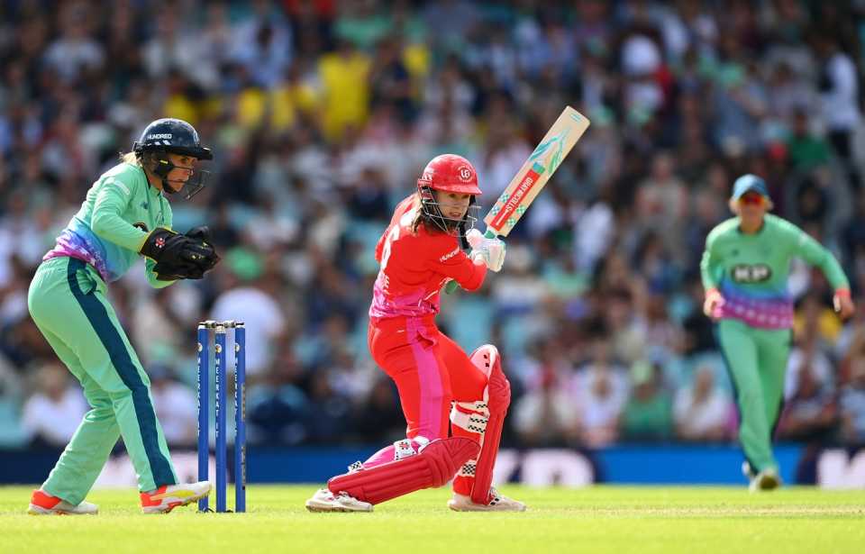 Sarah Bryce cuts one away, Oval Invincibles vs Welsh Fire, Women's Hundred, London, August 6, 2023