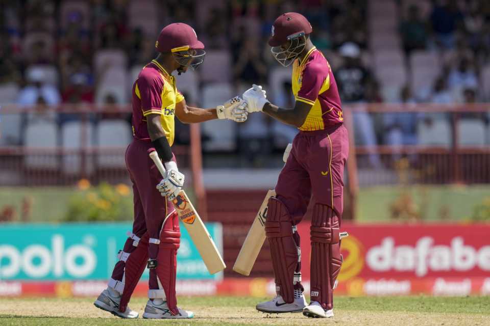 Akeal Hosein and Alzarri Joseph celebrate carrying West Indies home with an unbroken 26-run ninth-wicket stand, West Indies vs India, 2nd T20I, Georgetown, Guyana, August 6, 2023