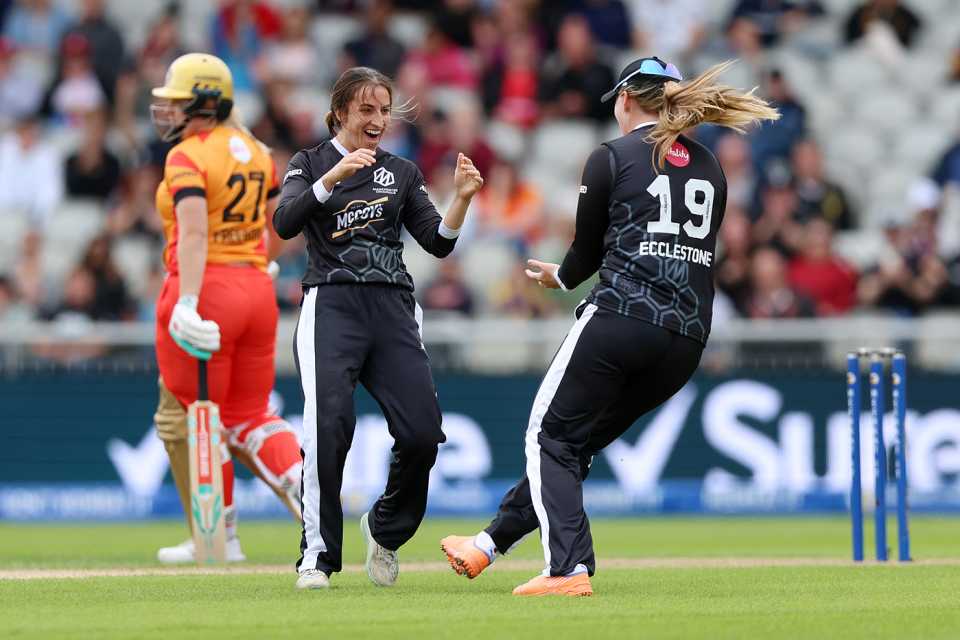 Fi Morris celebrates a wicket with Sophie Ecclestone, Women's Hundred, Manchester Originals vs Birmingham Phoenix, Emirates Old Trafford, August 07, 2023