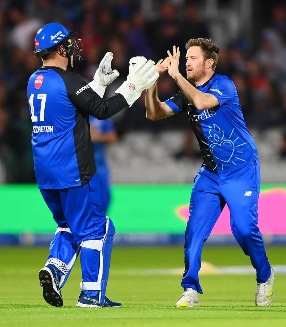 Liam Dawson and Adam Rossington celebrate a wicket, London Spirit vs Southern Brave, Men's Hundred, Lord's, August 8, 2023