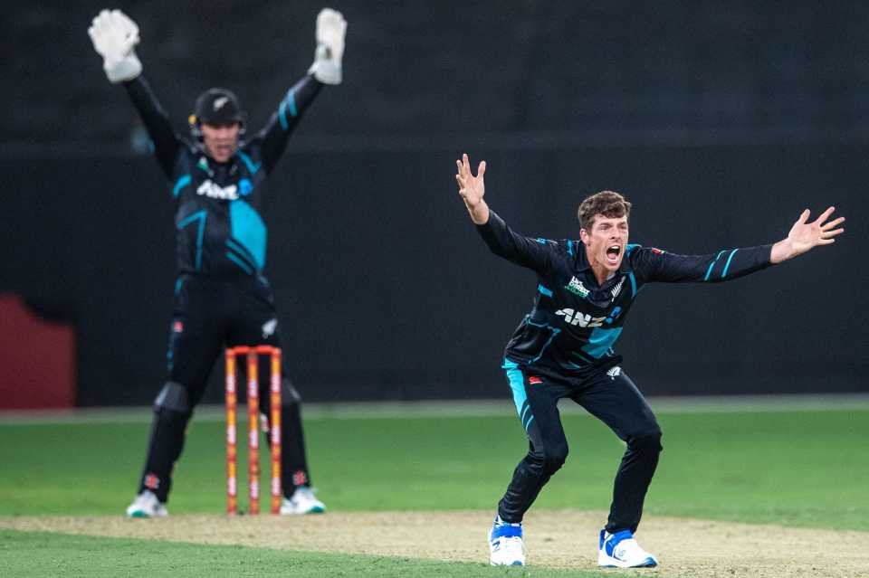 Mitchell Santner roars out an appeal, UAE vs New Zealand, 1st T20I, Dubai, August 17, 2023