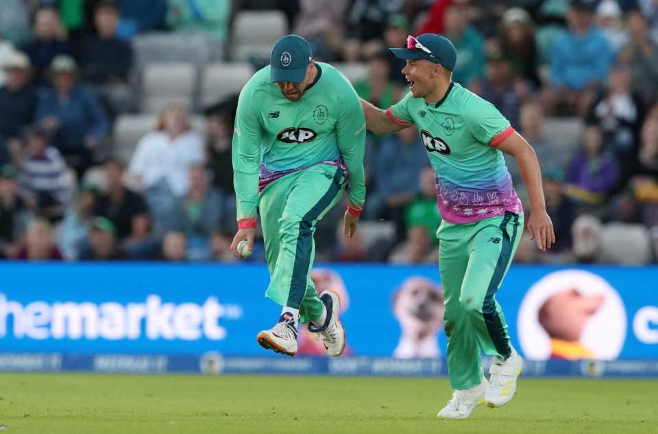 Jason Roy and Sam Curran celebrate another wicket as Oval Invincibles overcame Southern Brave