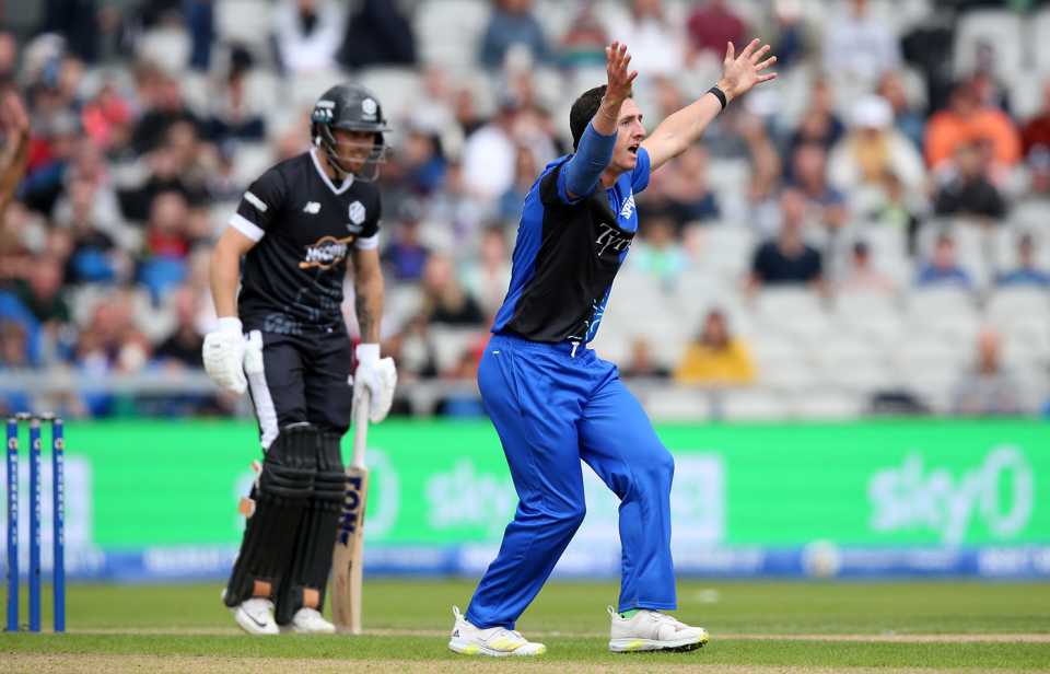 Dan Worrall appeals for the wicket of Phil Salt, Manchester Originals vs London Spirit, The Hundred Men's Competition, Emirates Old Trafford, August 5, 2023