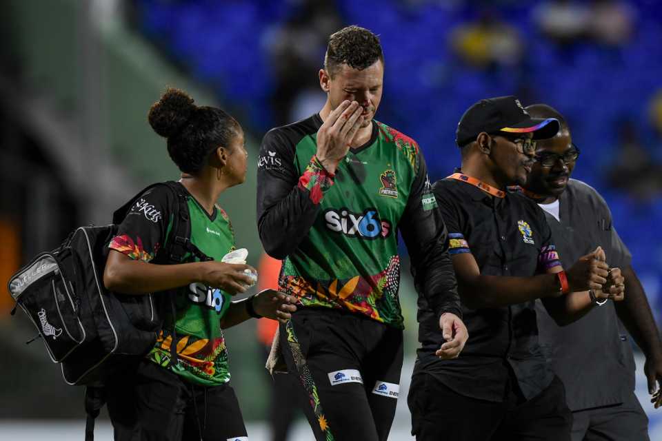 George Linde walks off after getting hit in the face, Guyana Amazon Warriors vs St Kitts and Nevis Patriots, CPL 2023, Basseterre, August 24, 2023