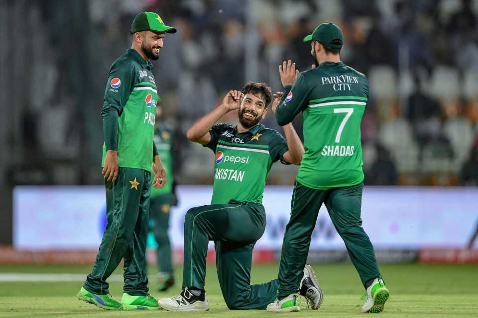 Mohammad Nawaz, Haris Rauf and Shadab Khan get together after the wicket of Sompal Kami , Pakistan vs Nepal, Asia Cup, Multan, August 30, 2023