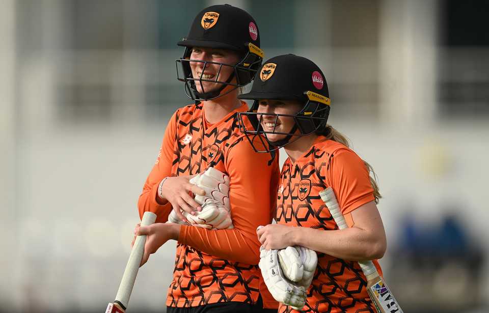 Freya Kemp and Emily Windsor leave the field after Southern Vipers' victory, Southern Vipers vs Blaze, Rachael Heyhoe Flint Trophy final, Northampton, September 24, 2023