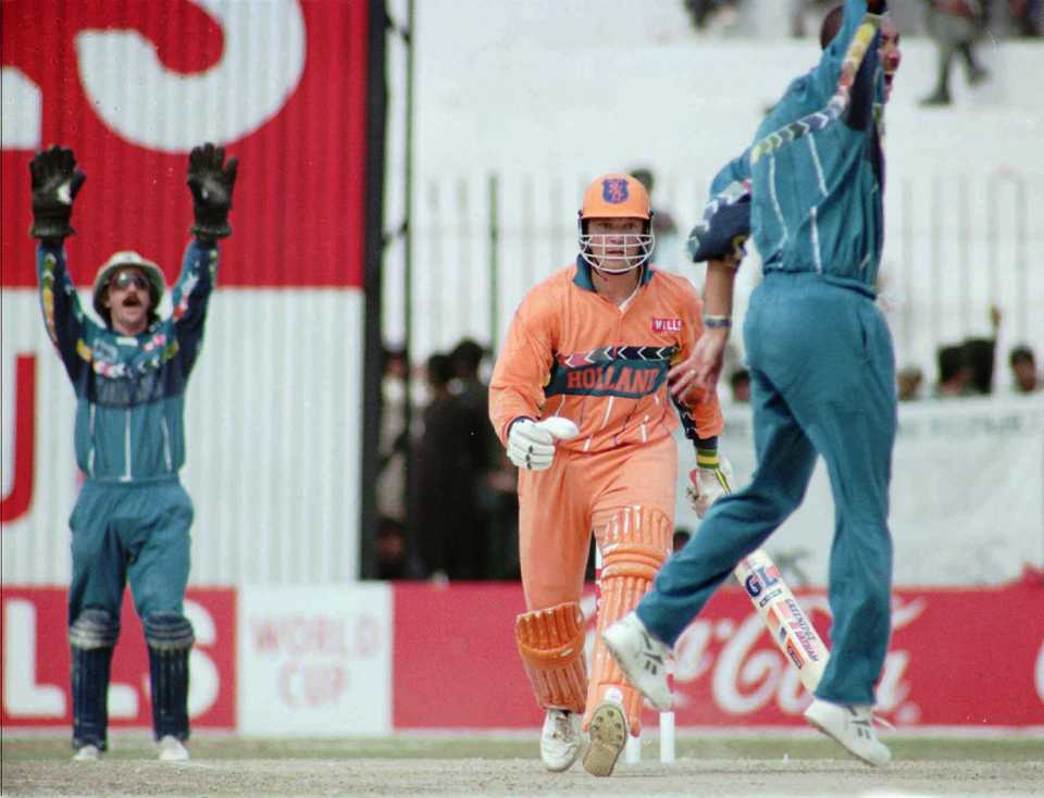 Phil DeFreitas appeals for Tim de Leede's wicket, England v Netherlands, Group B, World Cup, Peshawar, February 22, 1996