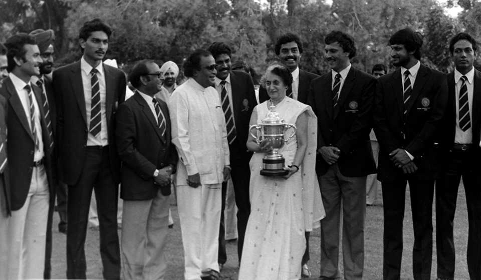 Prime minister Indira Gandhi meets the World Cup-winning players and holds the trophy
