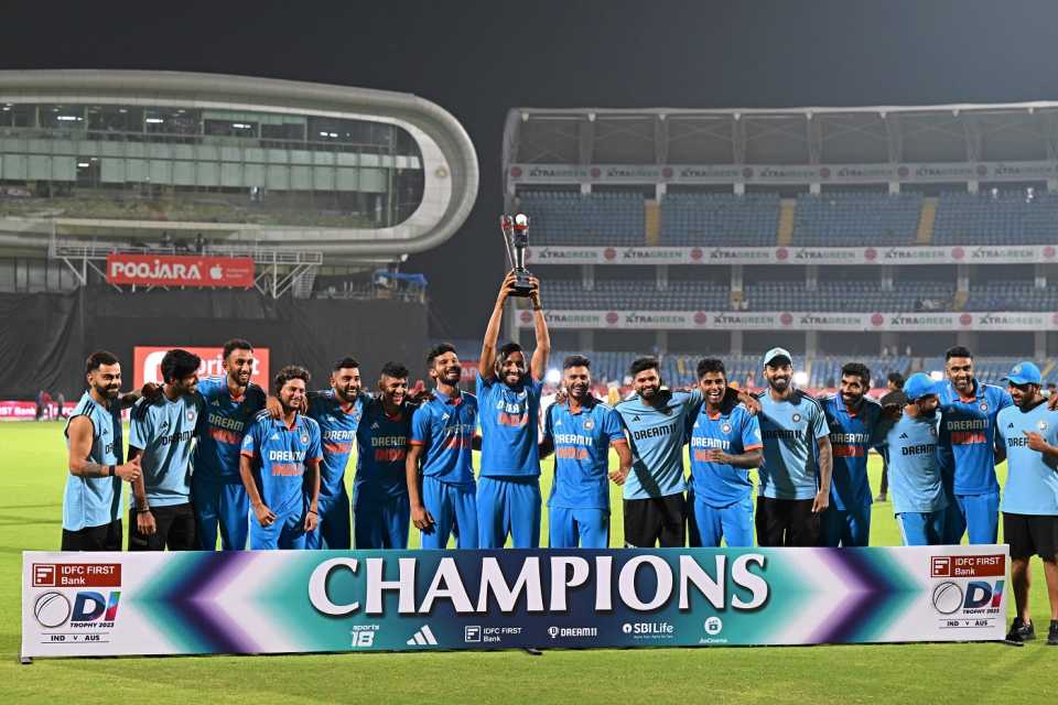 India pose with the trophy after winning the series 2-1 against Australia, India vs Australia, 3rd ODI, Rajkot, September 27, 2023