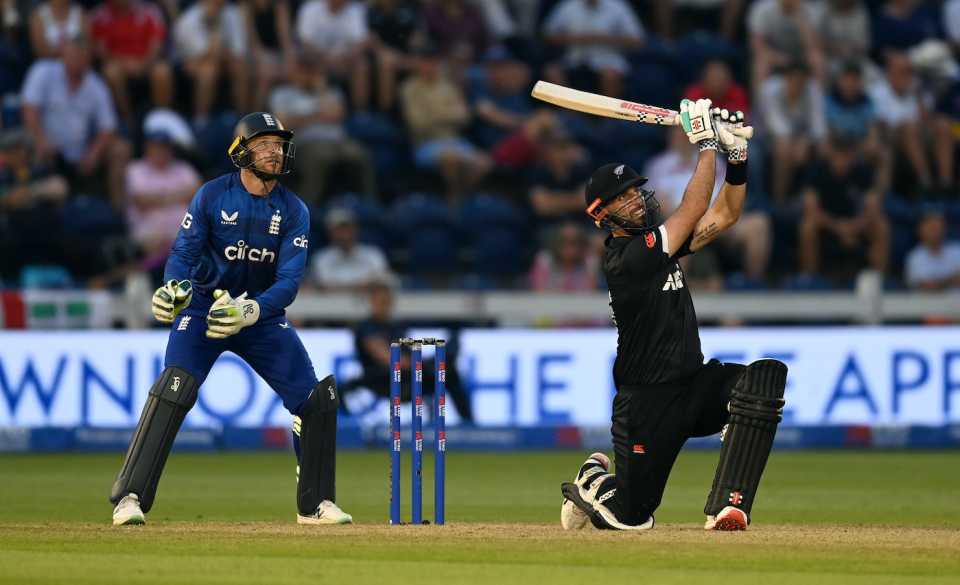 Jos Buttler watches Daryl Mitchell dispatch a ball into the stands, England vs New Zealand, 1st ODI, Cardiff, September 8, 2023