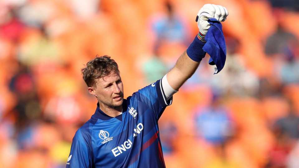 Joe Root signals to the dressing room during his 77, England vs New Zealand, World Cup 2023, Ahmedabad, October 5, 2023