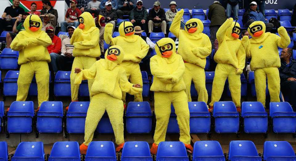 Cricket fans dressed up as ducks dance in the rain