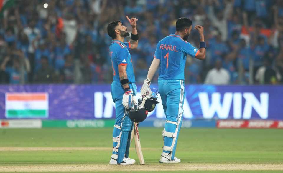 Virat Kohli and KL Rahul celebrate after the win, India v Bangladesh, Pune, October 19, 2023