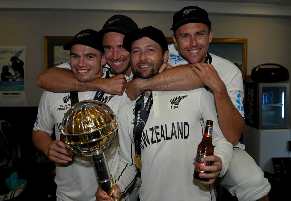 Tom Latham, Tim Southee, Devon Conway and Trent Boult enjoy the win, India vs New Zealand, World Test Championship (WTC) final, Southampton, 6th day, June 23, 2021