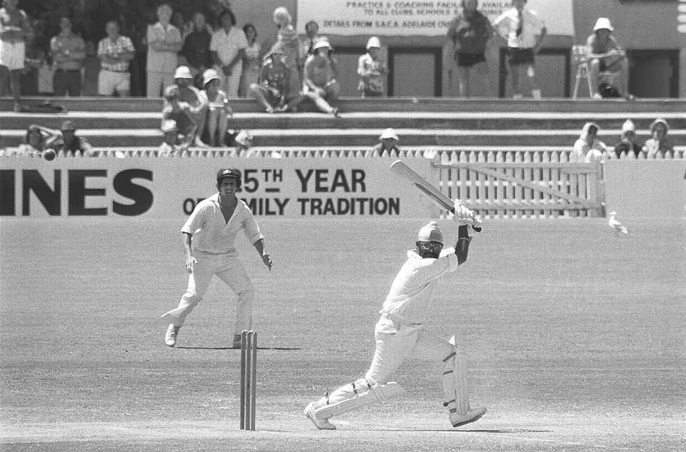 Bishan Bedi plays behind square, Australia vs India, 5th Test, Adelaide, 6th day, February 3, 1978