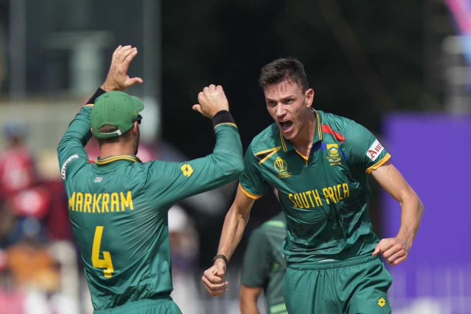 Marco Jansen celebrates after removing both Pakistan openers 