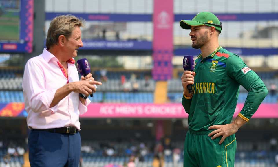 Aiden Markram at the toss with Mark Nicholas