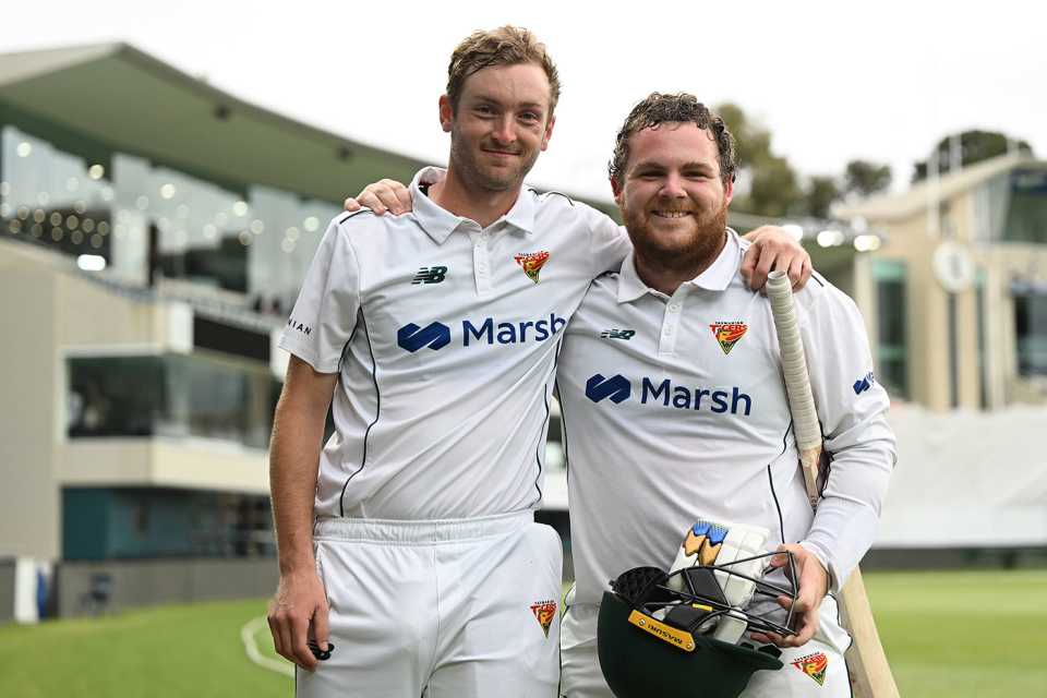 Bradley Hope (left) and Jarrod Freeman after victory, Tasmania vs Queensland, Sheffield Shield, Hobart, October 29, 2023
