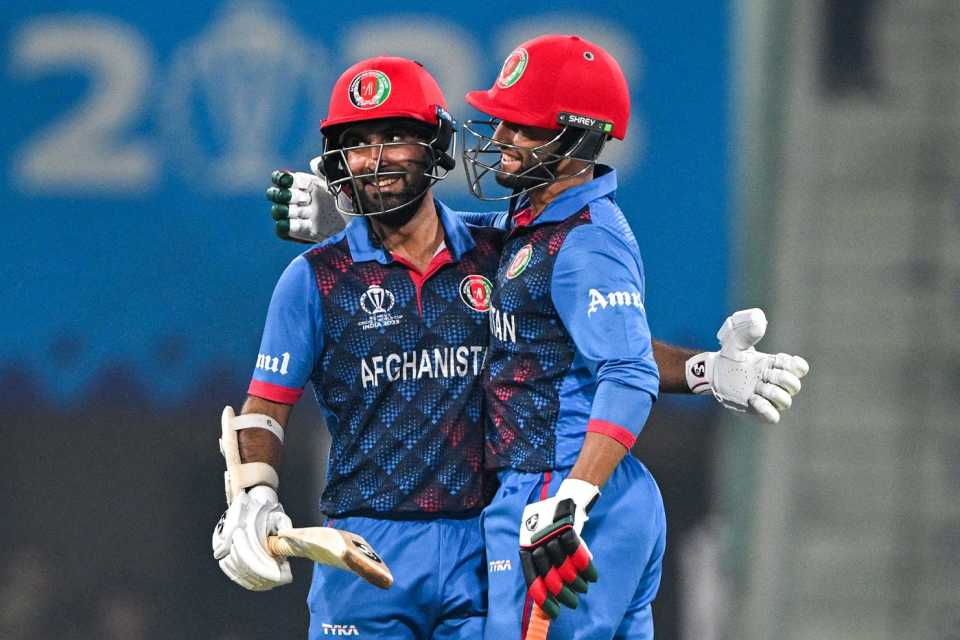Hashmatullah Shahidi and Azmatullah Omarzai are smiles after Afghanistan's big win, Afghanistan vs Netherlands, ICC Men's World Cup 2023, Lucknow, November 3, 2023