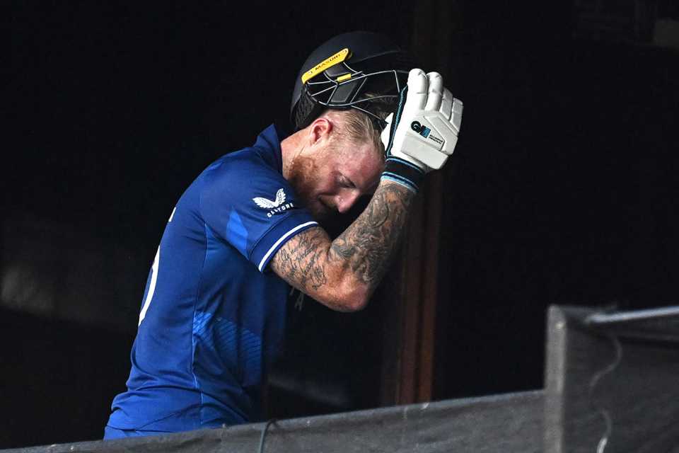 Ben Stokes cuts a dejected figures as he trudges off for 43, England vs Sri Lanka, Men's ODI World Cup 2023, Bengaluru, October 26, 2023