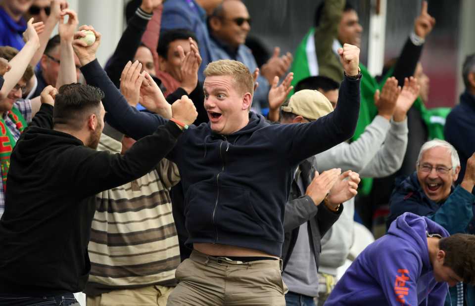 A spectator rejoices after catching Litton Das' six, Bangladesh v West Indies, World Cup 2019, Taunton, June 17, 2019