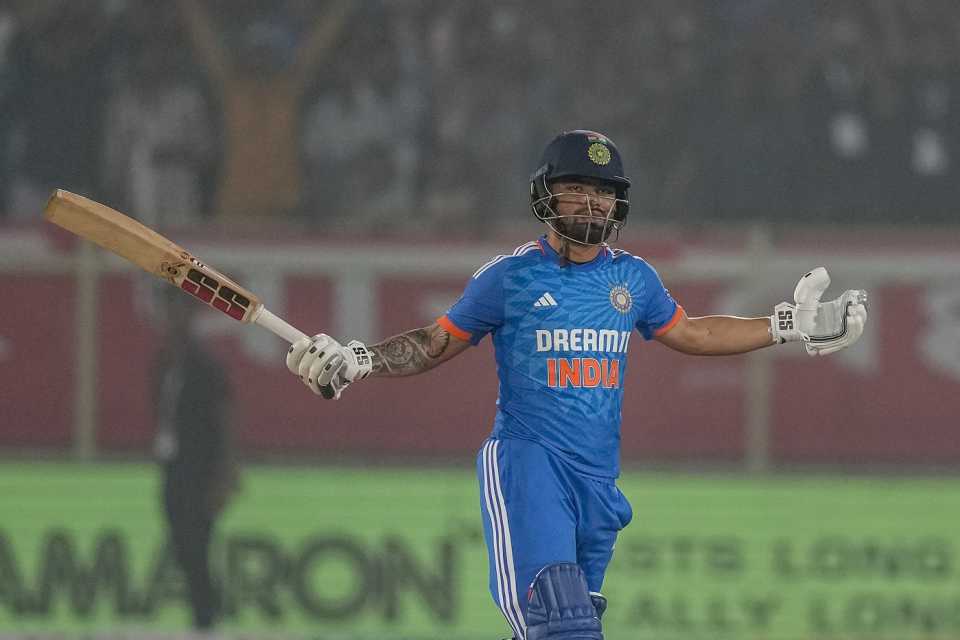 Rinku Singh with his signature move after the match-winning six that wasn't