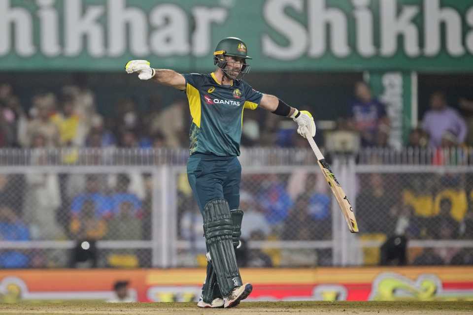 Glenn Maxwell brings out the aeroplane celebration after reaching his fifty