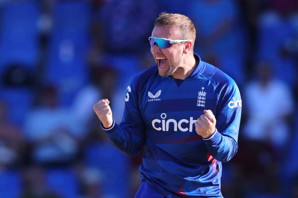 Liam Livingstone celebrates another breakthrough with his versatile spin bowling, West Indies vs England, 2nd ODI, Antigua, December 6, 2023
