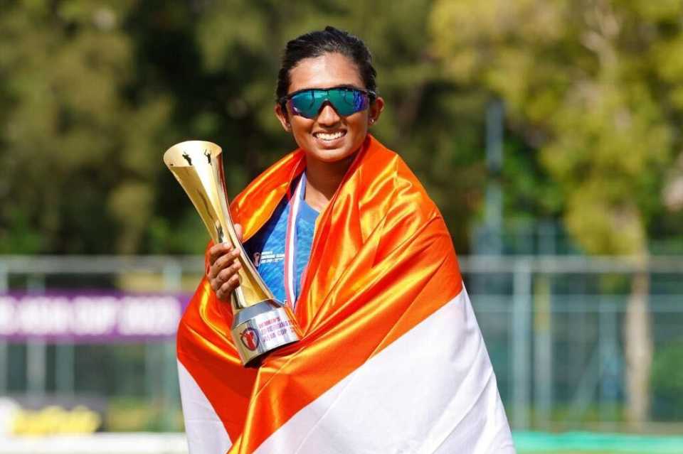 Vrinda Dinesh poses with the trophy, India vs Bangladesh, final, ACC Women's Emerging Teams Cup, Mong Kok, June 21, 2023