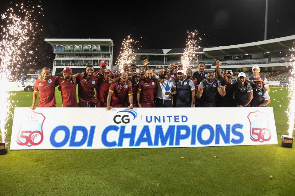 A jubilant West Indies team after wrapping up the three-match ODI series 2-1, West Indies vs England, 3rd ODI, Barbados, December 9, 2023