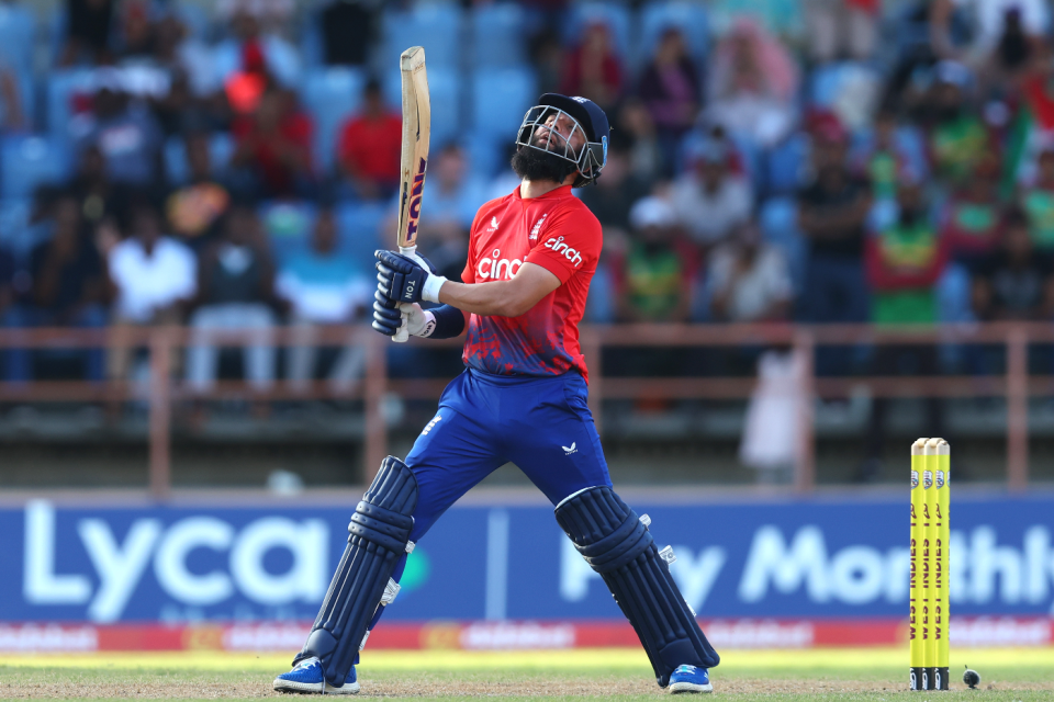 Moeen Ali reacts in frustration as the second T20I slips away, West Indies vs England, 2nd T20I, Grenada, December 14, 2023