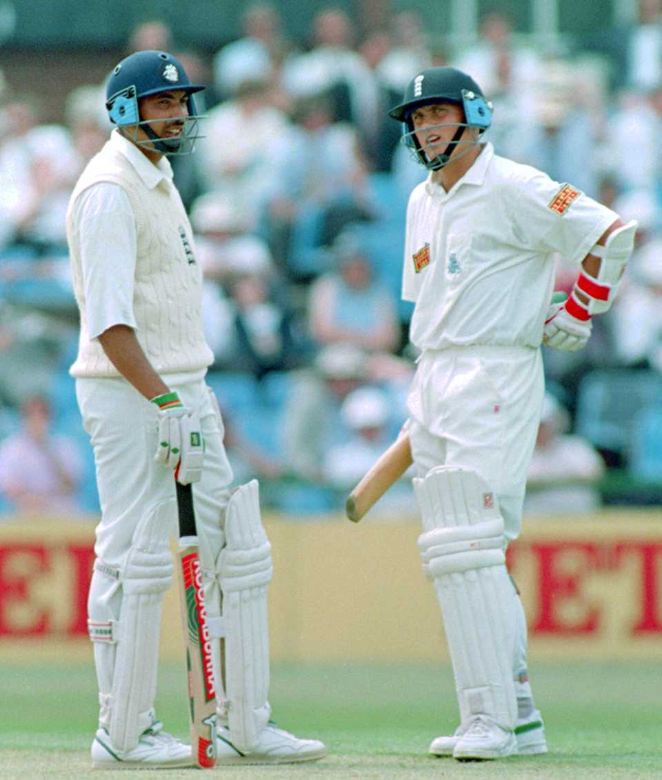 Phillip Defrietas and Darren Gough take a break during their partnership of 130, England vs New Zealand, 3rd Test, Old Trafford, 1994