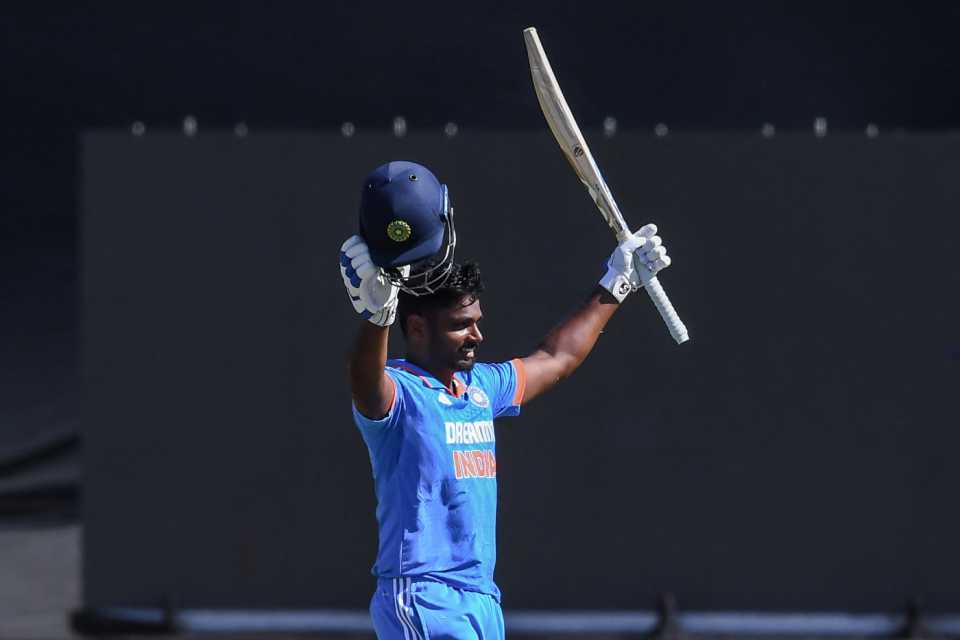 Sanju Samson celebrates his maiden ODI hundred